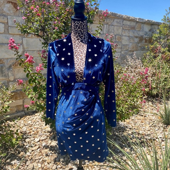 Blue velvet, silver star super plunge party dress! - Picture 2 of 4